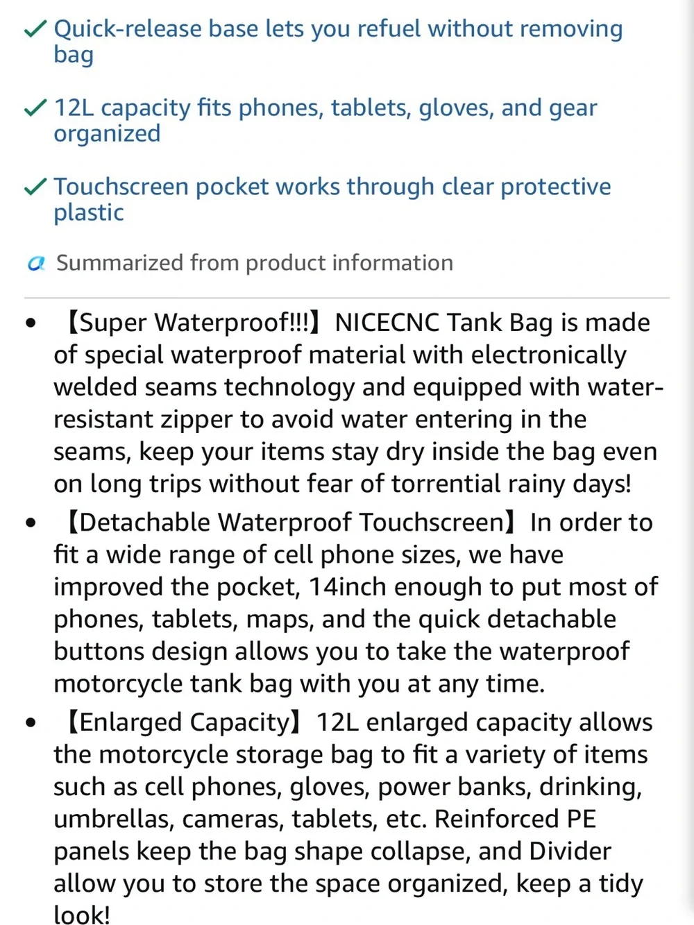 Gray and Black Motorcycle Waterproof Tank Bag 12L